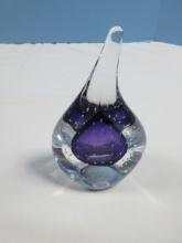 Studio Art Glass signed Adam Jablonski 5 1/2" Controlled Bubble Purple Tear Drop Paperweight