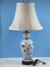 Semi Porcelain Oriental Vase Form 27" Lamp on Footed Base Blue/White Aquatic Lotus Flowers