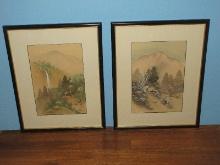 Pair Chinese Traditional Landscape Artwork on Silk Artist Signed w/Red Stamp in Gold Trim Black