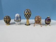 Collection 4 Russian Faberge Style Enamel Jeweled Exquisite Figural Trinket Box Eggs w/Stands
