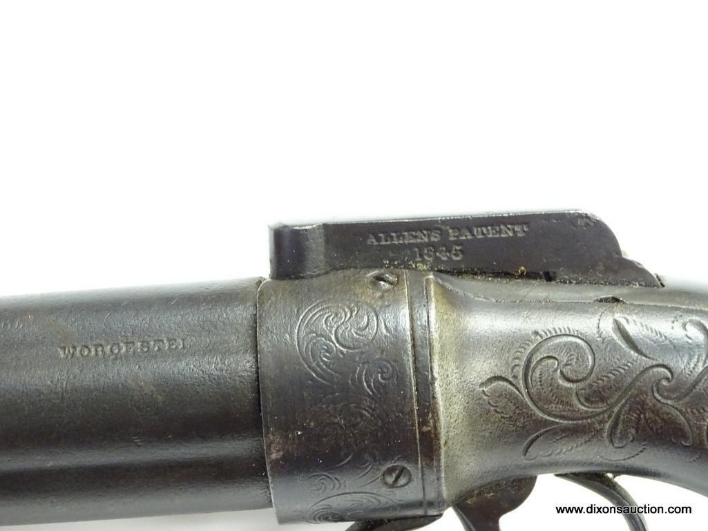 (SC) .32 CAL. 6 SHOT PEPPERBOX. ALLEN'S PATENT 1845. 7.5" LONG. MARKED ALLEN & THURBER, WORCHESTER,