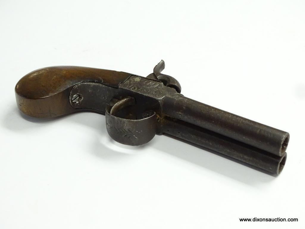 (SC) .32 CAL. DOUBLE BARREL PISTOL WITH RABBIT EAR HAMMERS. PERCUSSION CAP. FLORAL ENGRAVING ON THE