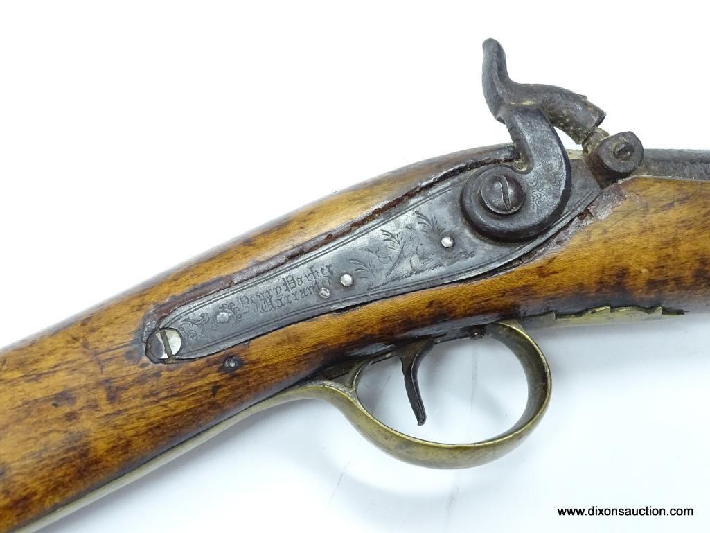 (SC) PERCUSSION RIFLE CONVERSION. HENRY PARKER WARRANTED. 57" LONG. .69 CAL. ENGRAVED BREECH PLATE
