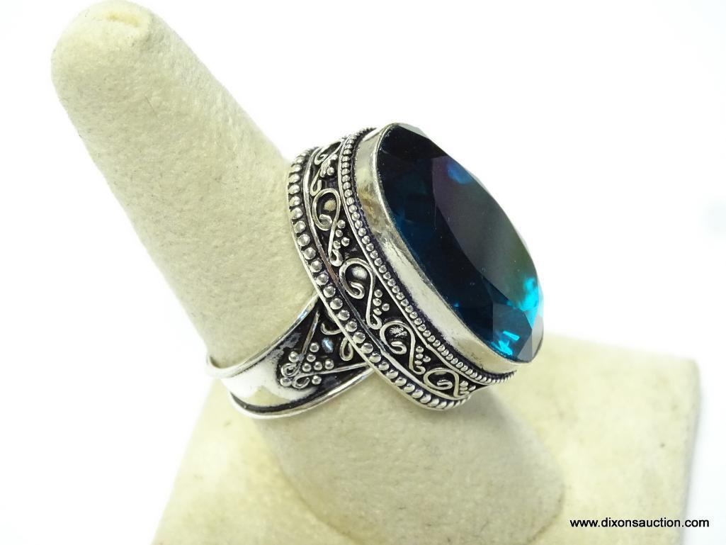 .925 STERLING SILVER GORGEOUS FACETED LARGE DESIGNER LONDON BLUE RING SIZE 8.5 (RETAIL $79.00)