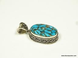 .925 STERLING SILVER STAMPED 1.5 AMAZING COPPER BLUE LARGE TURQUOISE PENDANT (RETAIL $79.00)