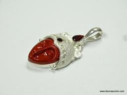 .925 STERLING SILVER 2.25'' LARGE SPECTACULAR RED CARVE JASPER GODDESS FACE WITH RED GARNET ACCENTS