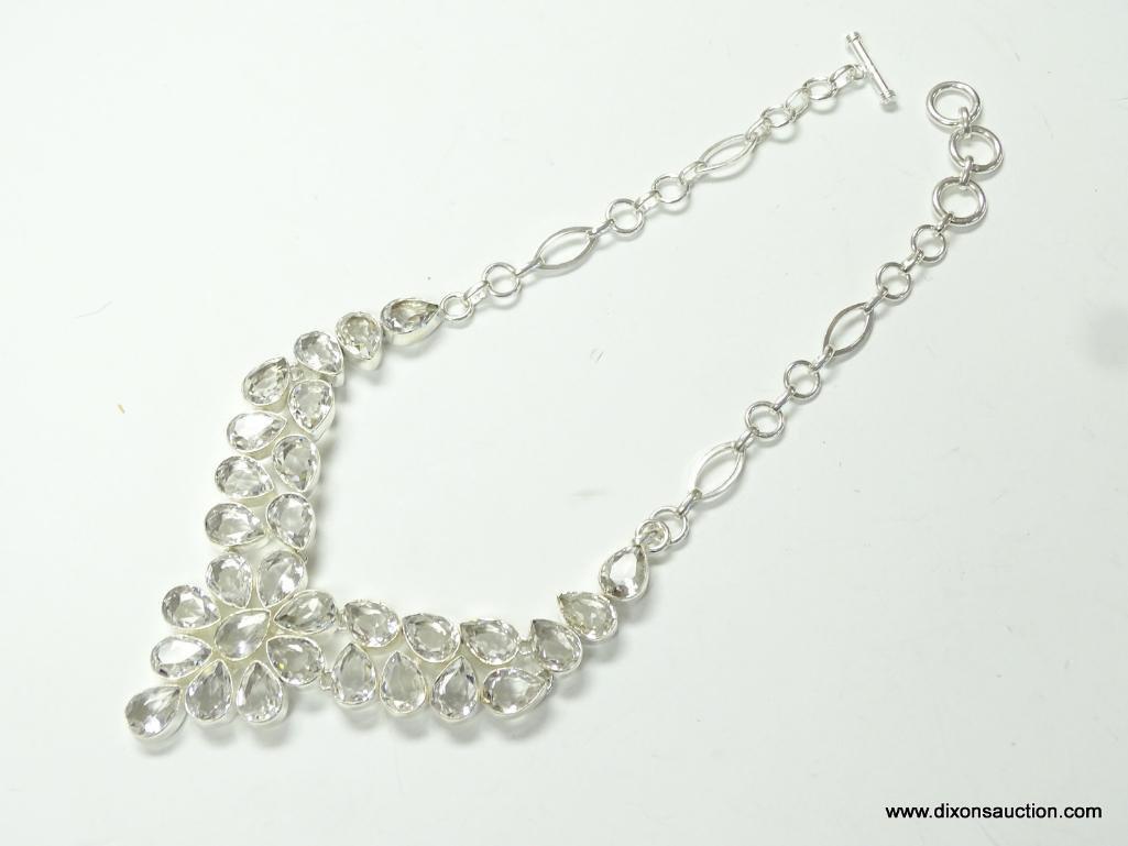 .925 STERLING SILVER STAMPED 18'' GORGEOUS FACETED DESIGNER WHITE TOPAZ NECKLACE WITH TOGGLE CLASP