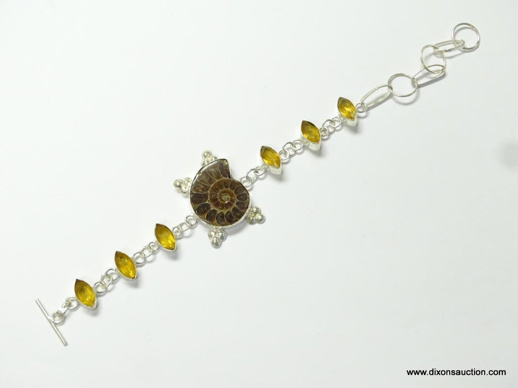 7''-8'' AMMONITE FOSSIL WITH CITRINE ACCENTS, RHODIUM OVERLAY BRACELET WITH A TOGGLE CLASP (RETAIL