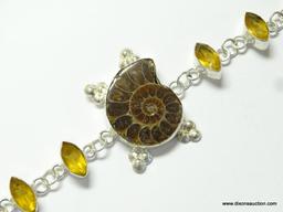 7''-8'' AMMONITE FOSSIL WITH CITRINE ACCENTS, RHODIUM OVERLAY BRACELET WITH A TOGGLE CLASP (RETAIL