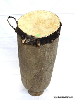 DRUM, MISIMBO TALL POLE DRUM CIRCULAR HOLLOWED OUT HARD WOOD IMPALED WITH ANIMAL SKIN USING PEGS