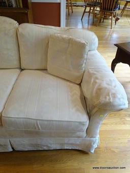 (LR) SOFA; HICKORY CRAFT WHITE FLAME STITCHED UPHOLSTERED SOFA, MINOR STAIN ON TOP CUSHION, BUT