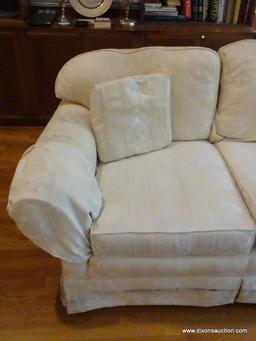 (LR) SOFA; HICKORY CRAFT WHITE FLAME STITCHED UPHOLSTERED SOFA, MINOR STAIN ON TOP CUSHION, BUT