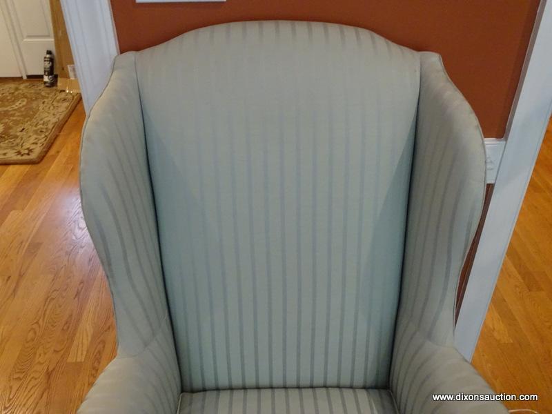 (LR) WING CHAIR; THOMASVILLE CHERRY QUEEN ANNE WING CHAIR WITH GREEN STRIPED UPHOLSTERY- VERY GOOD
