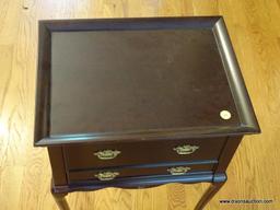 (LR) STAND; BOMBAY CHERRY QUEEN ANNE 2 DRAWER STAND- HAS 2 VELVET LINED DRAWERS WITH DIVIDERS- VERY