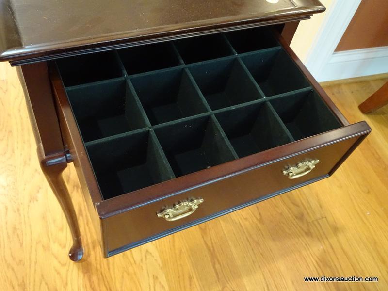 (LR) STAND; BOMBAY CHERRY QUEEN ANNE 2 DRAWER STAND- HAS 2 VELVET LINED DRAWERS WITH DIVIDERS- VERY
