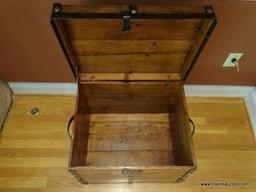 (LR) ANTIQUE TRUNK, ANTIQUE PINE BUSTLE TRUNK WITH METAL STRAPS AND BRASS STUDS, REFINISHED AND
