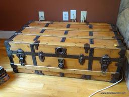 (LR) ANTIQUE TRUNK, ANTIQUE PINE TRUNK- WITH METAL STRAPS AND HARDWARE- REFINISHED AND READY FOR THE