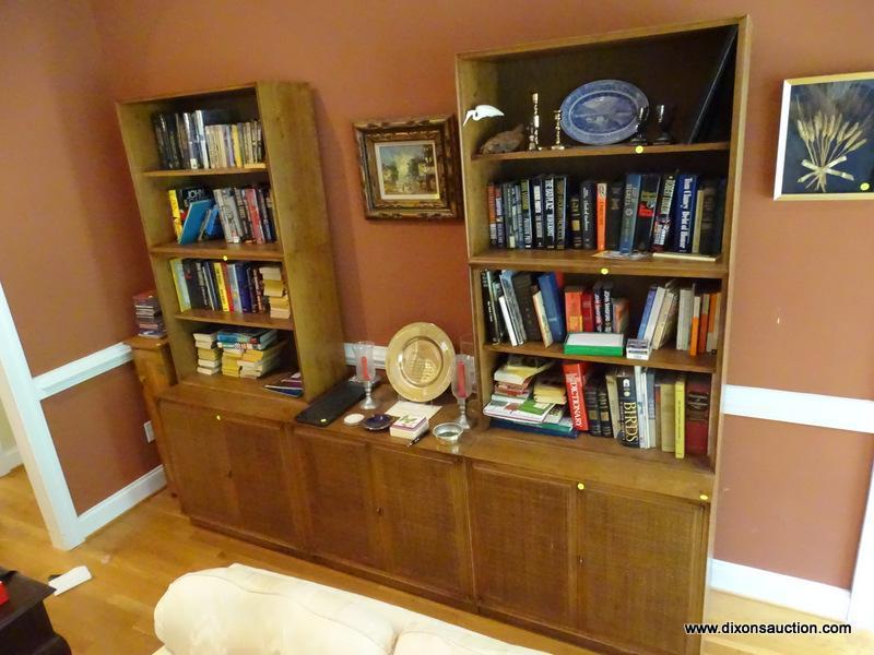 (LR) BOOKCASE CREDENZA; 7 PC. MID CENTURY MODERN WALNUT BOOKCASE CREDENZA WITH WOVEN CANE DOORS- 4