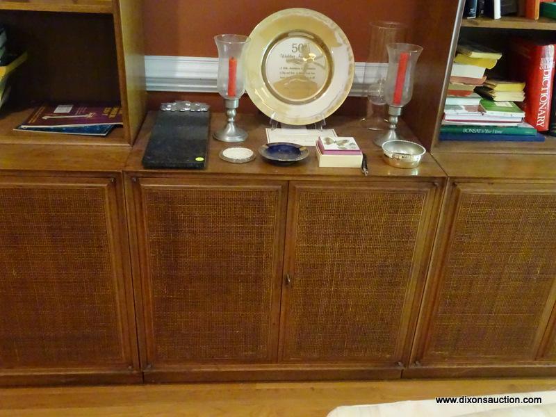 (LR) BOOKCASE CREDENZA; 7 PC. MID CENTURY MODERN WALNUT BOOKCASE CREDENZA WITH WOVEN CANE DOORS- 4
