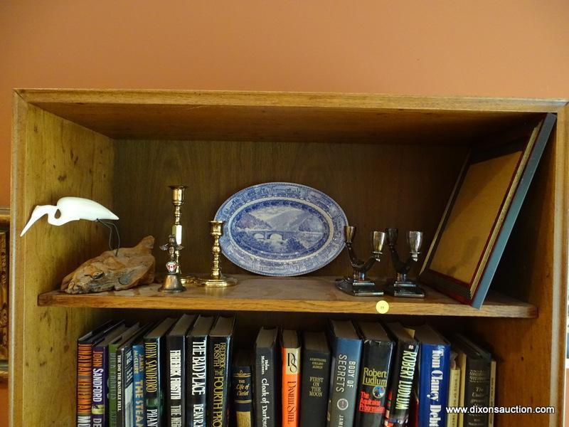 (LR) SHELF LOT; LOT INCLUDES- COMPOSITION JOHN PERRY SCULPTURE OF AN EGRET- 7 IN H, METAL CANADIAN
