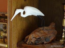 (LR) SHELF LOT; LOT INCLUDES- COMPOSITION JOHN PERRY SCULPTURE OF AN EGRET- 7 IN H, METAL CANADIAN