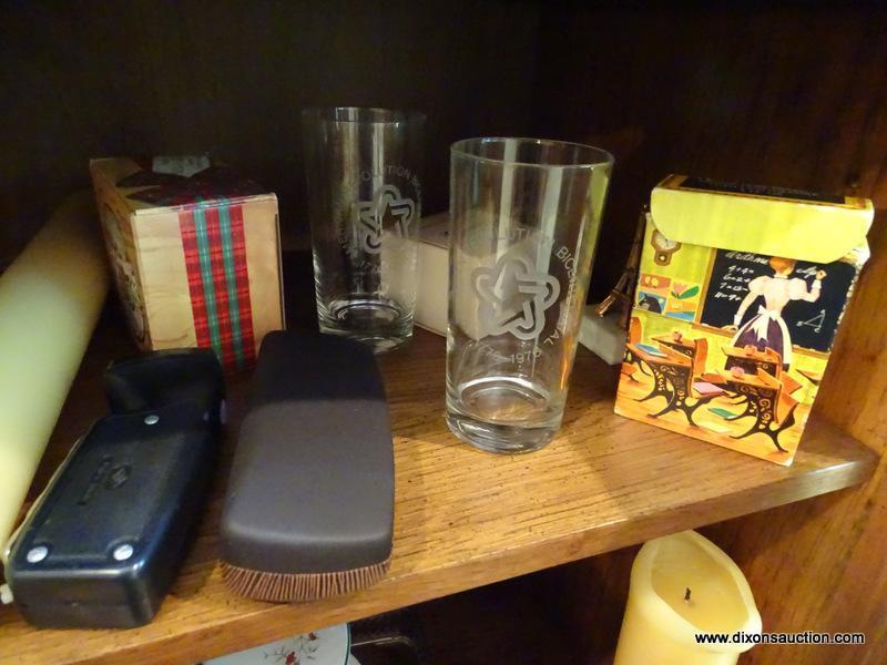 (LR) CABINET CONTENTS; CONTENT INCLUDES CANDLES IN BOXES, BRASS AND 2 MILK GLASS VASES, 2 ETCHED