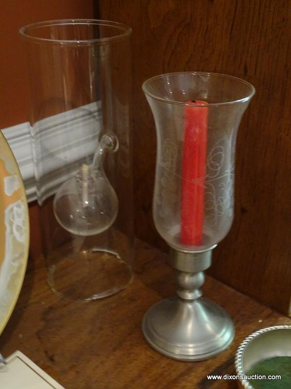 (LR) SHELF LOT; LOT INCLUDES PR. OF PEWTER CANDLE HOLDERS WITH ETCHED SHADES- 11 IN H, HAND BLOWN