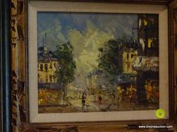 (LR) FRAMED OIL PAINTING; FRAMED OIL ON CANVAS OF A EUROPEAN STREET SCENE IN A PAINTED GOLD AND