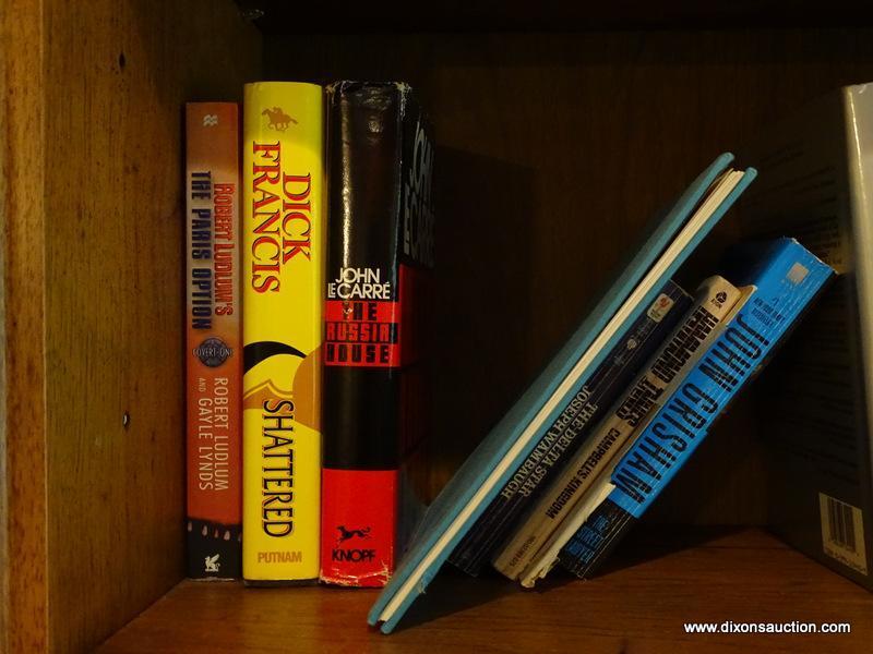 (LR) BOOK LOT; 4 SHELVES OF BOOKS TO INCLUDE NOVELS BY TOM CLANCY, JOHN SANFORD, FELIX FRANCIS, DICK