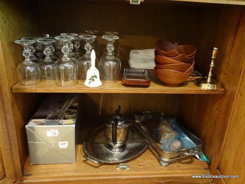 (LR) SHELF LOT; LOT INCLUDES- 19 CRYSTAL STEMS- 7 RED WINE AND 12 WHITE WINE, 6 MAHOGANY DANISH