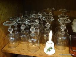 (LR) SHELF LOT; LOT INCLUDES- 19 CRYSTAL STEMS- 7 RED WINE AND 12 WHITE WINE, 6 MAHOGANY DANISH