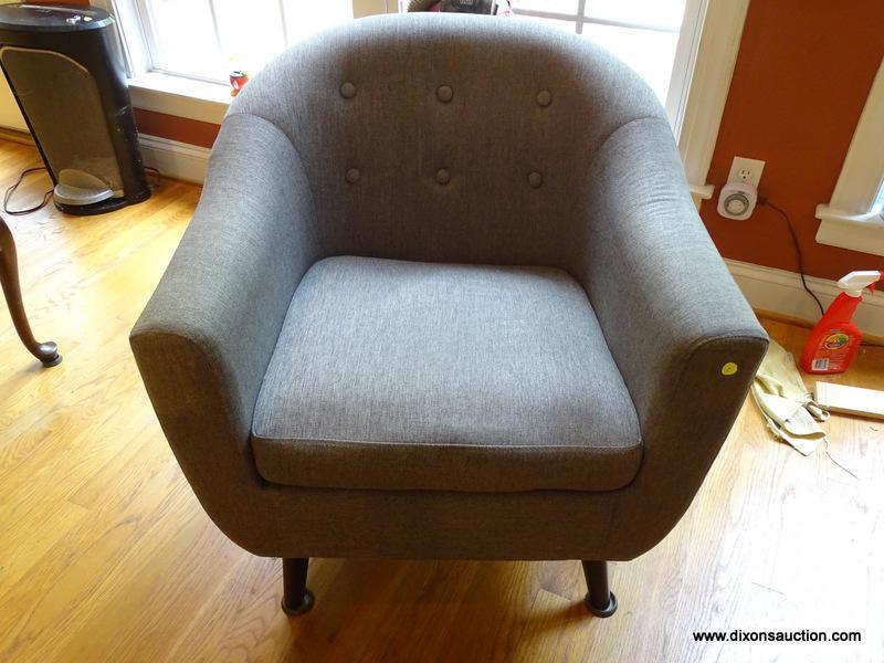 (LR) CHAIR; MODERN GRAY ARM CHAIR WITH BUTTON TUFTED BACK- 30 IN X 25 IN X 31 IN, VERY CLEAN