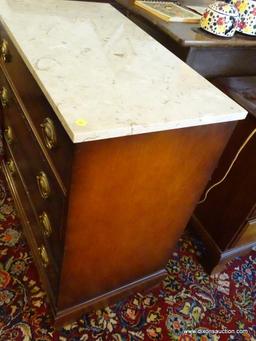 (LR) CHERRY CHEST OF DRAWERS WITH A CREAM MARBLE TOP; CHERRY SIDE TABLE WITH 4 DOVETAIL DRAWERS WITH