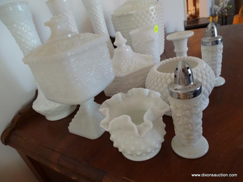 (LR) LOT OF MILK GLASS GLASSWARE; 12 PIECE LOT OF MILK GLASS TO INCLUDE A WATER GLASS, 2 CANDLE