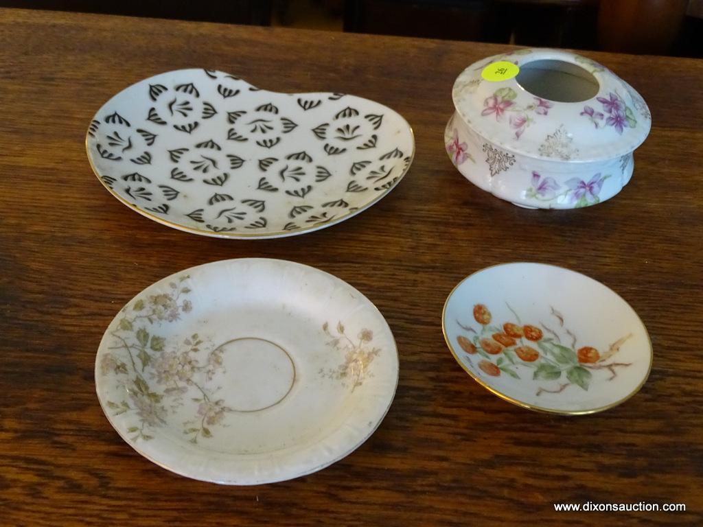 (LR) LOT OF VINTAGE CHINA; 4 PIECE LOT OF VINTAGE CHINA TO INCLUDE A FLOWER HOLDER, 2 TEA CUP