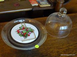 (LR) DOMED CHEESE PLATE; GLASS DOMED CHEESE PLATE WITH A WOODEN PLATE WITH A WHITE PAINTED TOP WITH