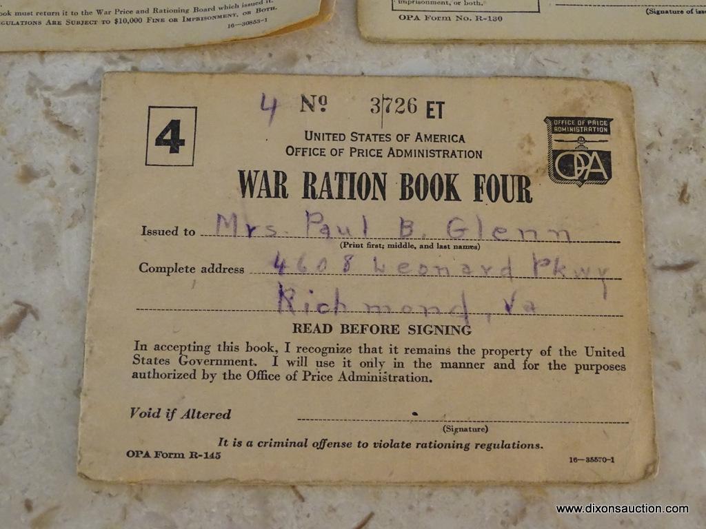 SET OF WAR RATION BOOKS; COMPLETE SET OF WAR RATION BOOKS ONE-FOUR. ALL ISSUED TO MEMBERS OF THE