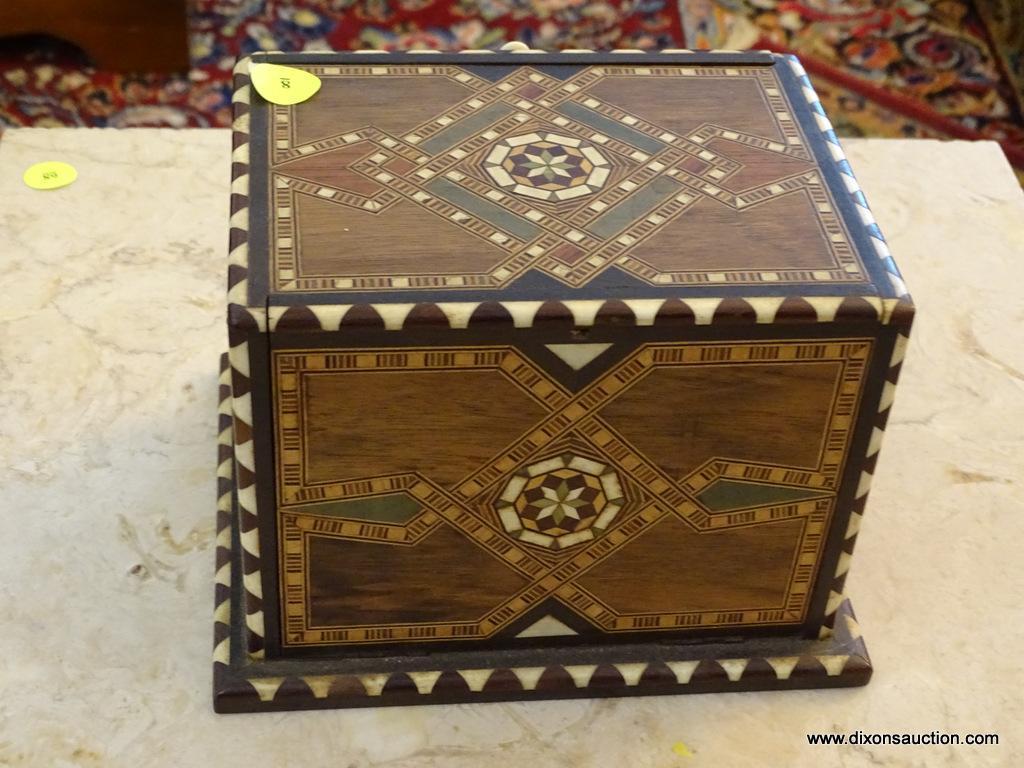 INLAID WOODEN CIGARETTE BOX; ANTIQUE TEAK CIGARETTE BOX WITH INLAID IVORY. BOTH SIDES OF THE BOX