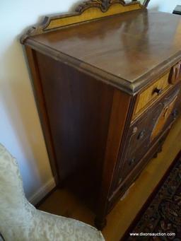(LR) MULTI TONE WOODEN TALL BOY; WOODEN TALL BOY WITH 4 DOVETAIL DRAWERS WITH METAL PULLS, A FLORAL