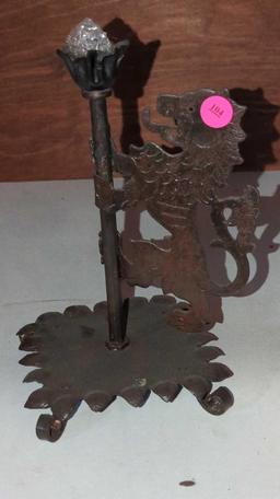 (FOY)VINTAGE METAL CANDLE HOLDER, ADORNED WITH STANDING LION CLIMBING THE POST, 9 1/8"H