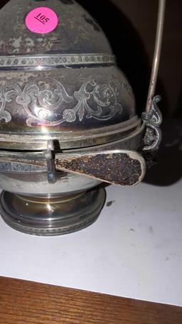 (FOY)ANTIQUE AURORA TRIPLE PLATE BUTTER DISH WITH LID AND KNIFE, THE KNIFE IS DATED 1880 PA RPOINT