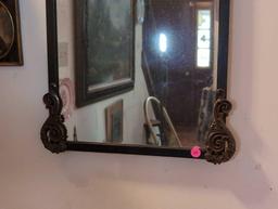 (FOYER) VINTAGE FRENCH INFLUENCED METAL WALL MIRROR WITH FLUER DE LOS AND SCROLL WORK ACCENTS. IT