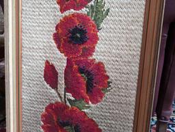 (FOYER) LARGE HAND DONE RED POPPIES FLORAL CROSS STITCH ART, DISPLAYED IN A CREAM COLORED WOODEN