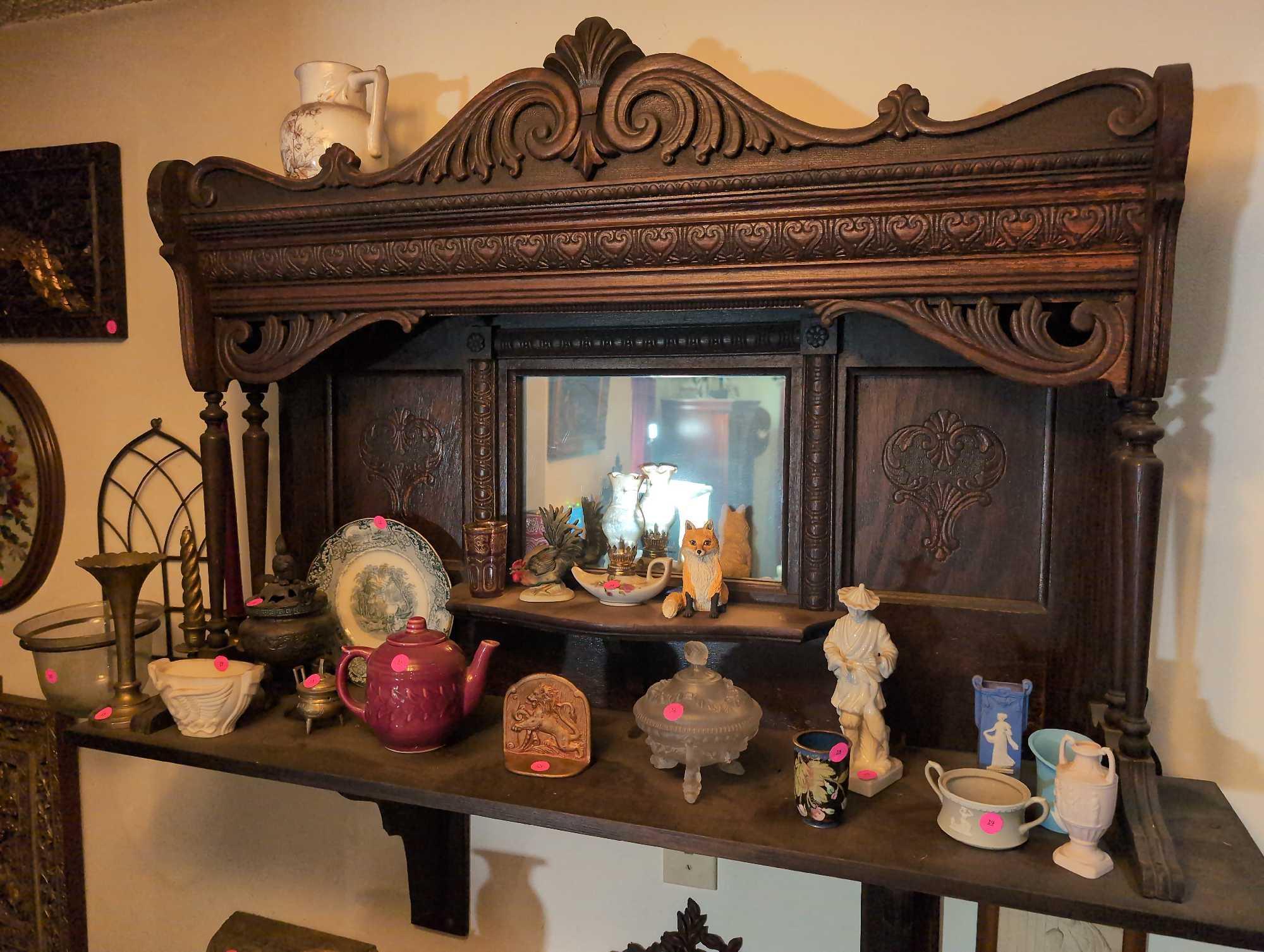 (FOYER) LATE 19TH CENTURY VICTORIAN EASTLAKE DARK STAINED OAK WALL SHELF MIRROR. VERY NICE CARVED