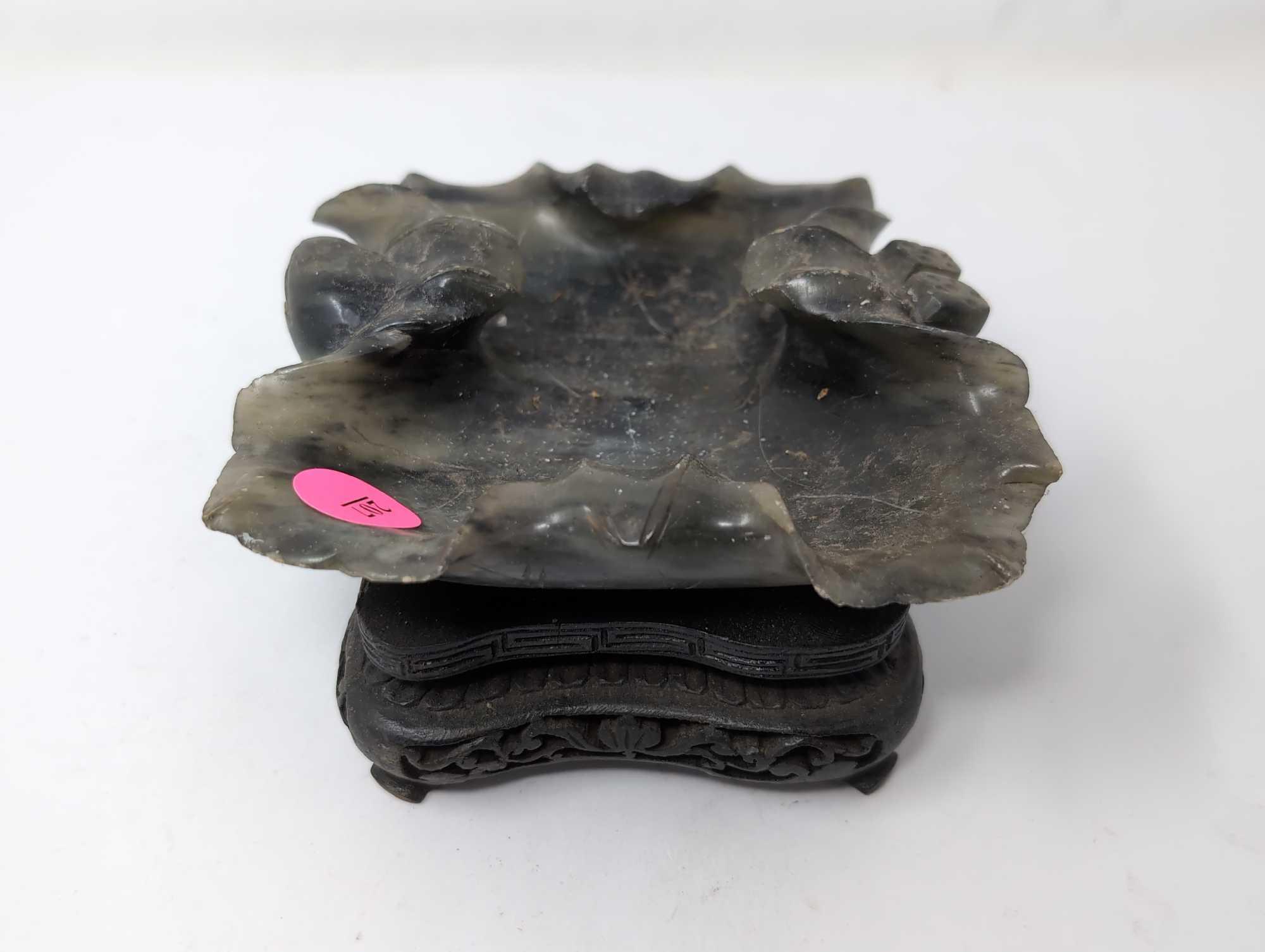(LR) VINTAGE CHINESE POLISHED SOAPSTONE LOTUS BRUSH WASHER/BOWL ON CARVED WOODEN STAND. IT MEASURES