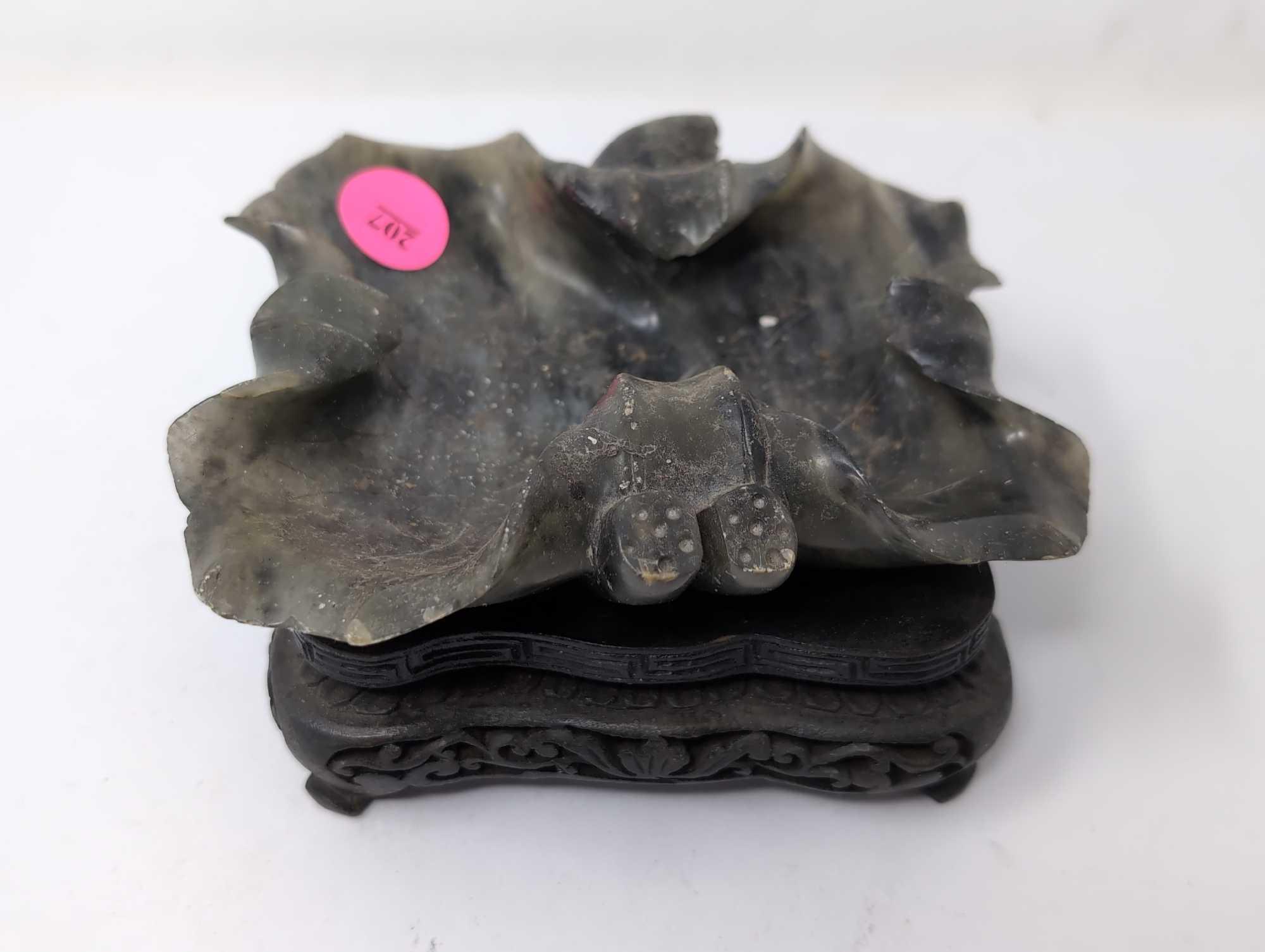 (LR) VINTAGE CHINESE POLISHED SOAPSTONE LOTUS BRUSH WASHER/BOWL ON CARVED WOODEN STAND. IT MEASURES