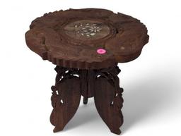 (LR) ANTIQUE HAND CARVED INDIAN PLANT STAND TABLE DEPICTING A FISH DETAILED TOP, INLAID WITH BOVINE.