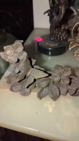 CAST IRON FLORAL PICTURE STAND, DEPICTS 2 BUTTERFLY ON SOME FLOWERS, 6"X6 1/2"W