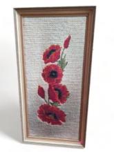 (FOYER) LARGE HAND DONE RED POPPIES FLORAL CROSS STITCH ART, DISPLAYED IN A CREAM COLORED WOODEN