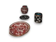(LR) CLOISONNE LOT OF 4, COVERED JAR BLACK AND WHITE W/ BLUE INSIDE, COVERED URN RED AND WHITE